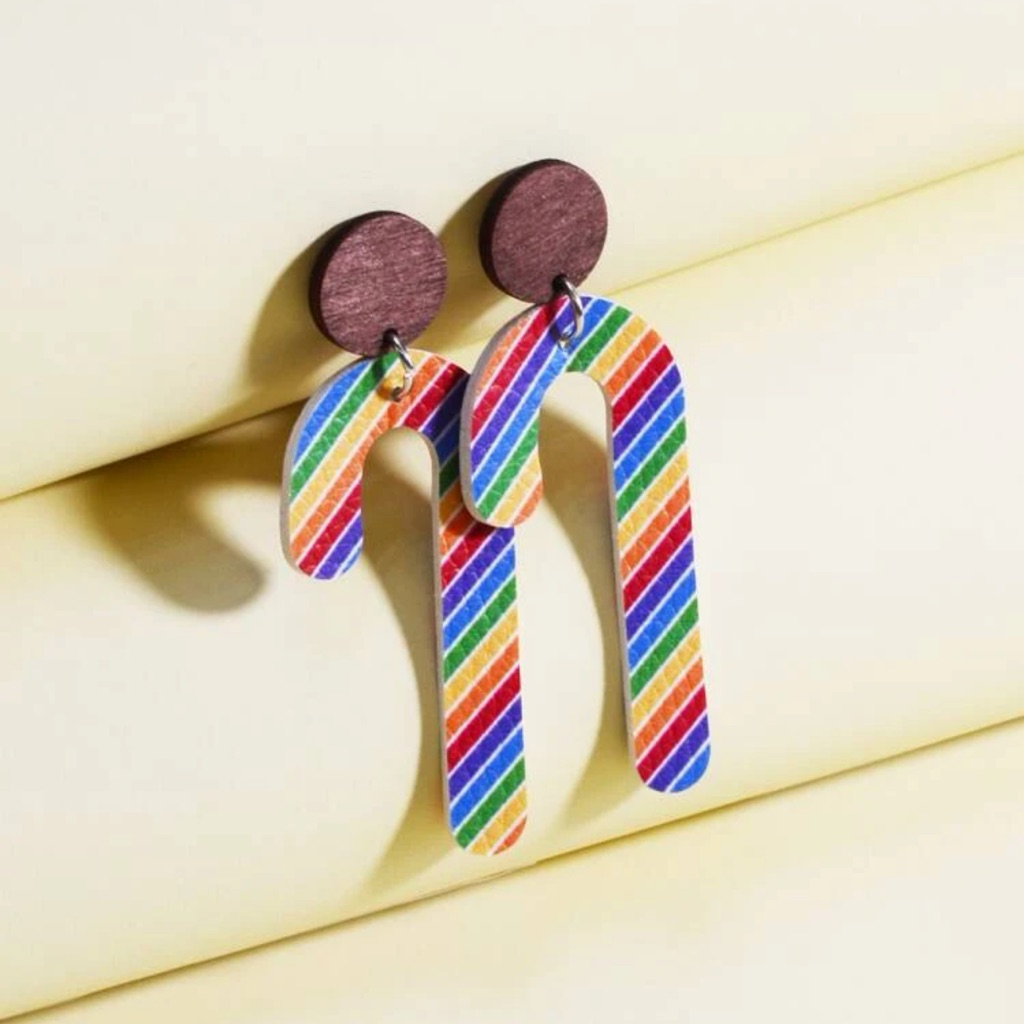 Awesome Large Colorful Rainbow Candy Cane Drop Earrings